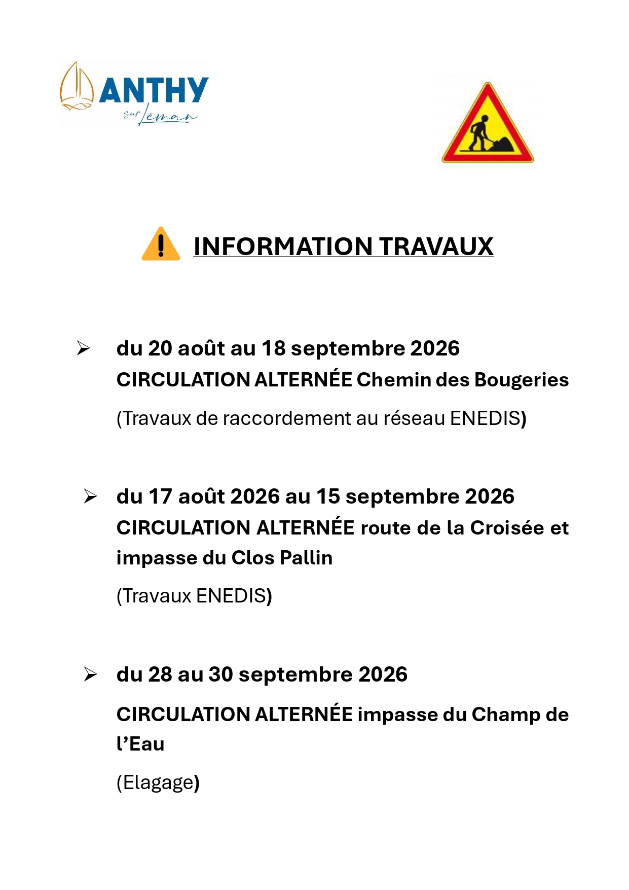 INFORMATION TRAVAUX