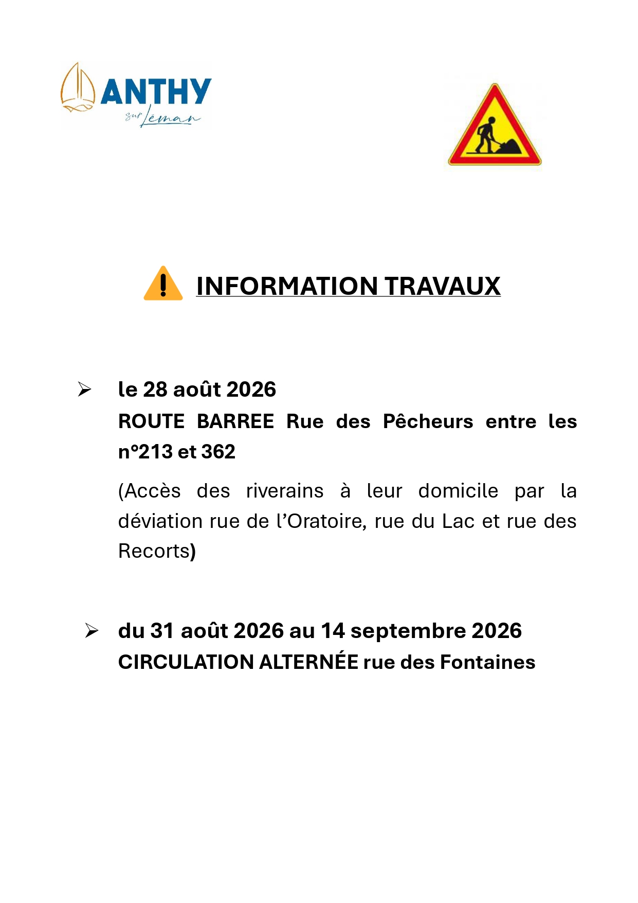 INFORMATION TRAVAUX AOUT SEPT